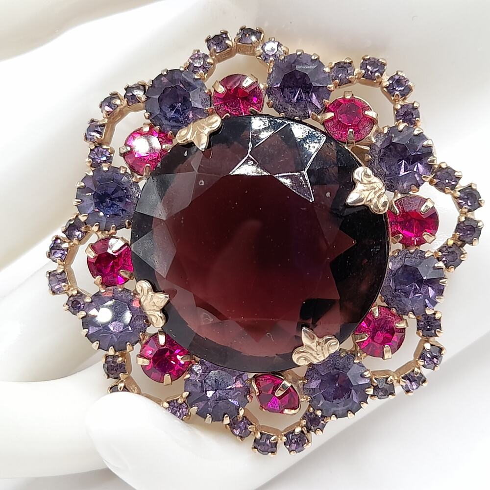 Vintage Purple Glass Rhinestone Brooch Pink Open Back Stone Unsigned Coro